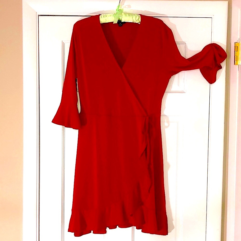 BRAND NEW Faux Wrap Dress with Ruffles and Stretch! NWOT in Red (or Black)